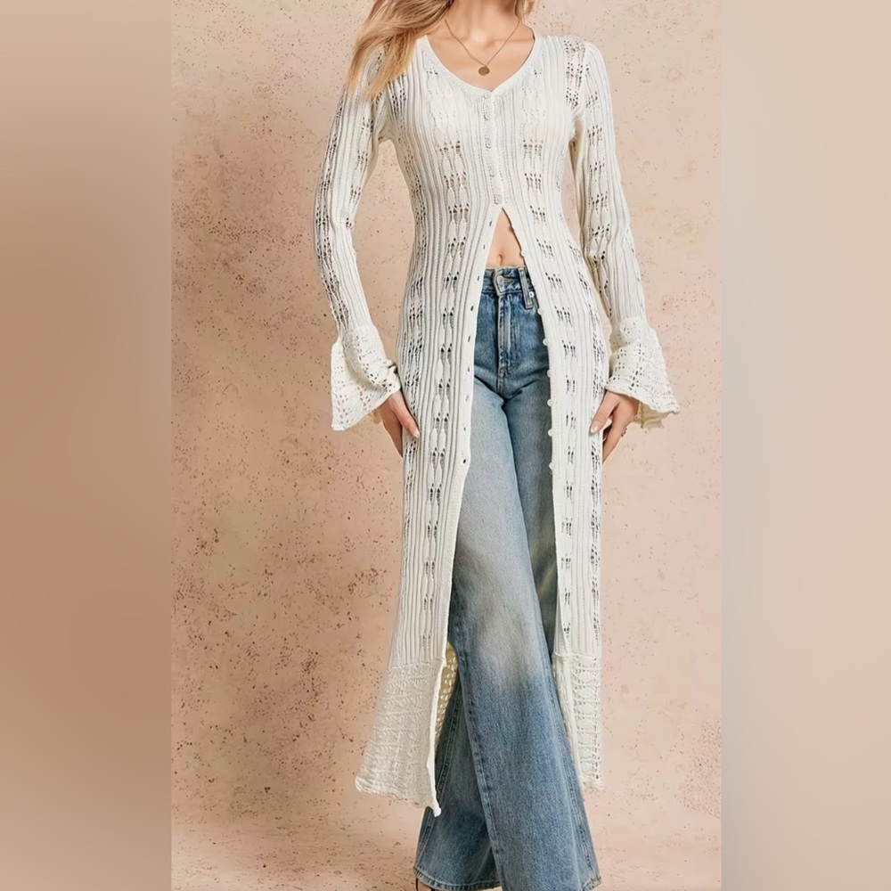 Cream Crochet Button Front Bell Sleeves Long Cardigan - Picture 6 of 11